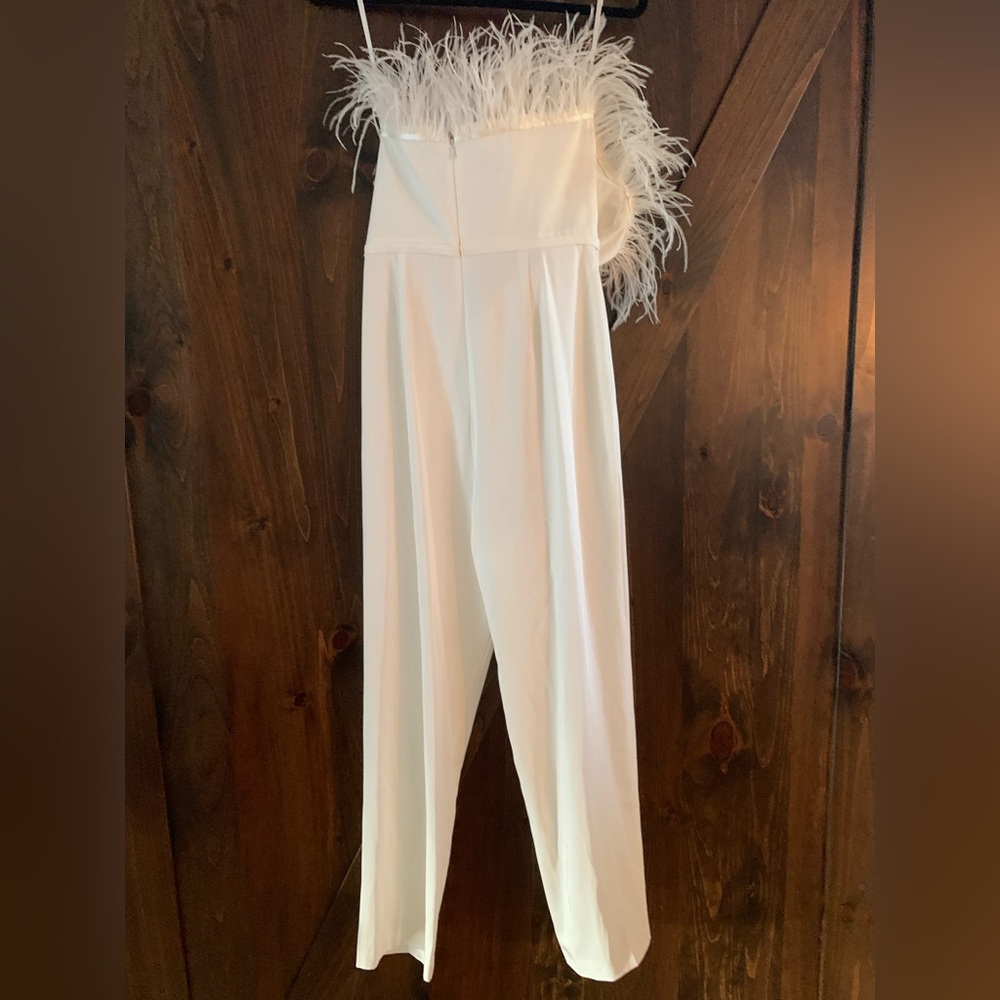 Mac Duggal White Strapless Feather-Trim Jumpsuit - Picture 6 of 9